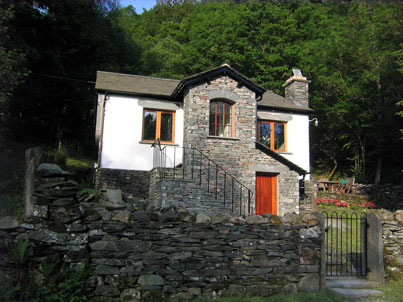 New stone porch and steps to cottage at Hodge Close Quarry, Little Langdale