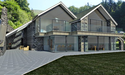 Rendered model view of cottage extension and new garage Ambleside