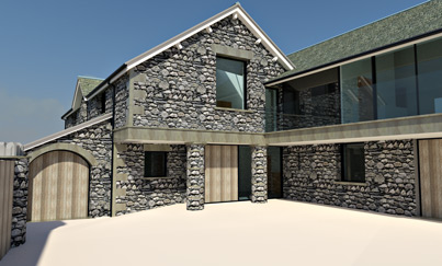 render of computer model of house remodelling, access yard