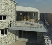 Rendered model overview of front of extension