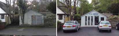 Before and After photographs of retail gallery conversion for Heaton Cooper Studio Grasmere