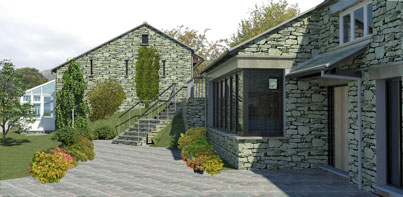 Rendered model view of cottage extension and new garage Ambleside