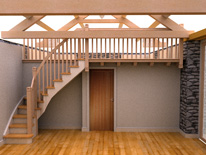 Barn conversion interior model of library stairs