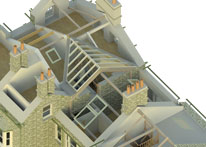 model view of roof cutaway to illustrate structural supports for alterations and extension to house nr Ambleside